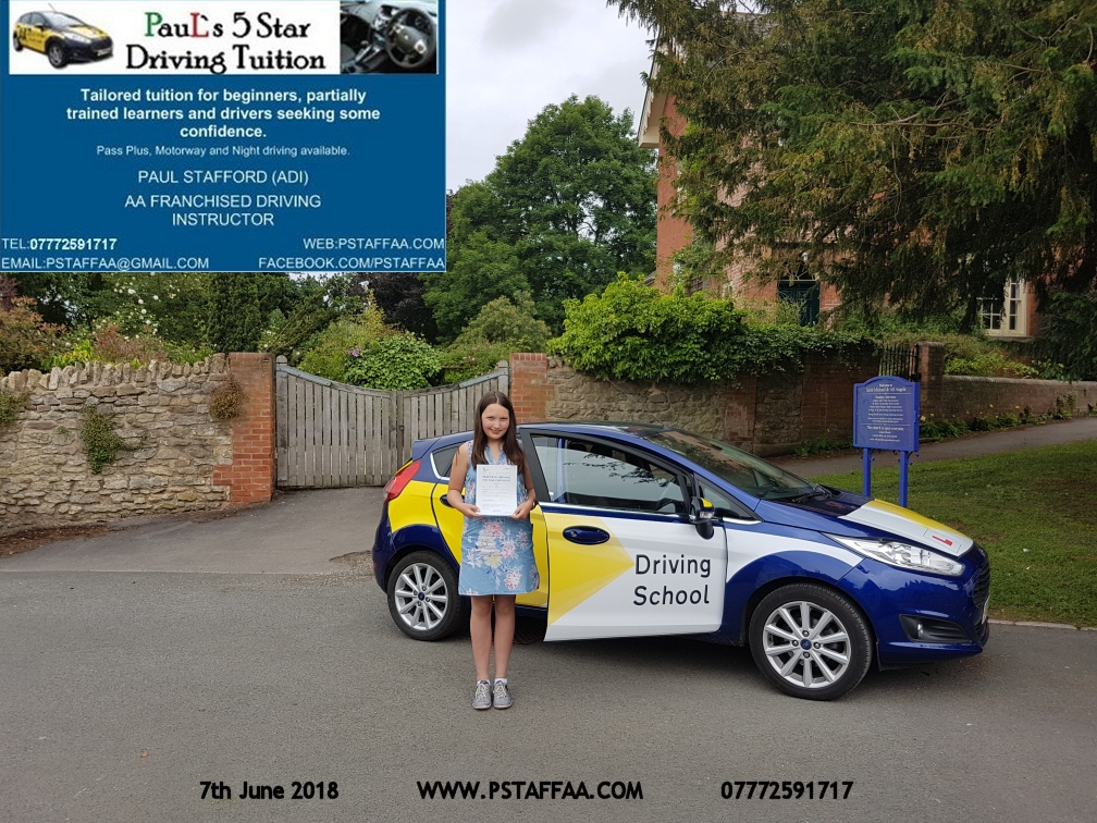 Sophie waller ledbury driving test pass with paul's 5 star driving tuition in hereford